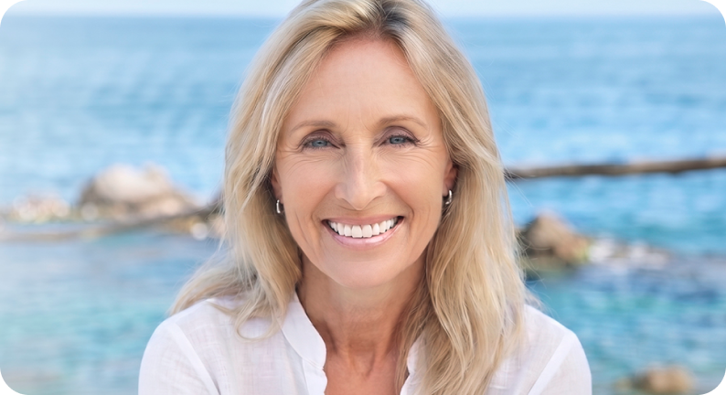 Smiling woman in next-step Sermorelin care banner