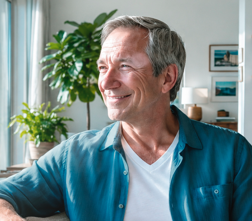 Man smiling while receiving private telehealth care